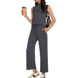 Casly Lamiit Women Two Piece Outfits 2025 Summer Lounge Matching Sets Turtle Neck Top Wide Leg Pants Dressy Set Tracksuit Cozy Travel Clothes Business Work Outfits Dark Grey M