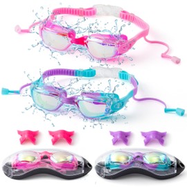 GwaOery Kids Swimming Goggles Adjustable Swim Goggles with Nose Clip & Earplugs Anti Fog Swim Goggles UV Protection Clear Vision Resist No Leaking Childrens Goggles for Toddler Boys Girls（Pink）