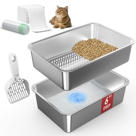 19.6''x13.7''x6'' Suzzipaws Stainless Steel Litter Box, Open Top Sifting Litter Box for Pine Pellets, Metal Litter Pan Tray System with Pee Pads & Liners, Odor Control, Low Dust, Easy Cleaning