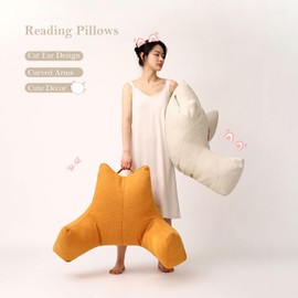 Kawaii Cat Ear Reading Pillows with Arms for Adults Back Pillow for Bed Sitting Up, Backrest Pillows for Adult Back Rest Pillow (Snow Grey)