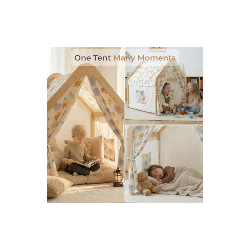 Wooden Kids Play Tent, Indoor Canvas Playhouse for Toddlers