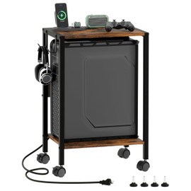 Akxomel 16.5" W Computer Tower Stand with Charging Station and USB Port, 2 Tier Mobile Floor PC Stand Fits Under Desk, Rolling Printer Stand with Hooks, CPU Holder Cart for Carpet, Home Office