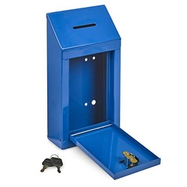 Metal Donation Box & Collection Box Office Suggestion Box Secure Box with Top Coin Slot and Lock Included with 2 Keys - Easy Wall Mounting or Counter Top Use (Blue)