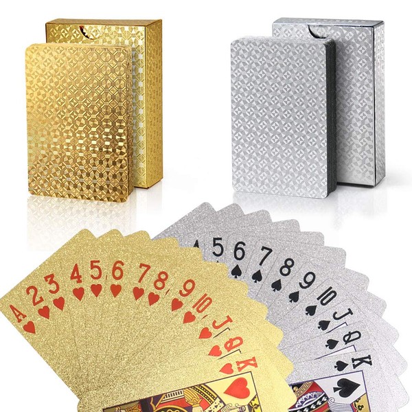 Joyoldelf 2 Decks of Playing Cards, 24K Foil Waterproof Poker with Gift Box – Classic Magic Tricks Tool for Party and Game, 1 Gold + 1 Silver