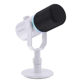 FEELWORLD PM1 XLR USB Dynamic Microphone with Desktop Stand for Podcast Recording PC Computer Gaming Live Streaming Vocal Voice-Over, Studio Metal Mic, RGB Light, Mute Button, Headphones Jack (White)