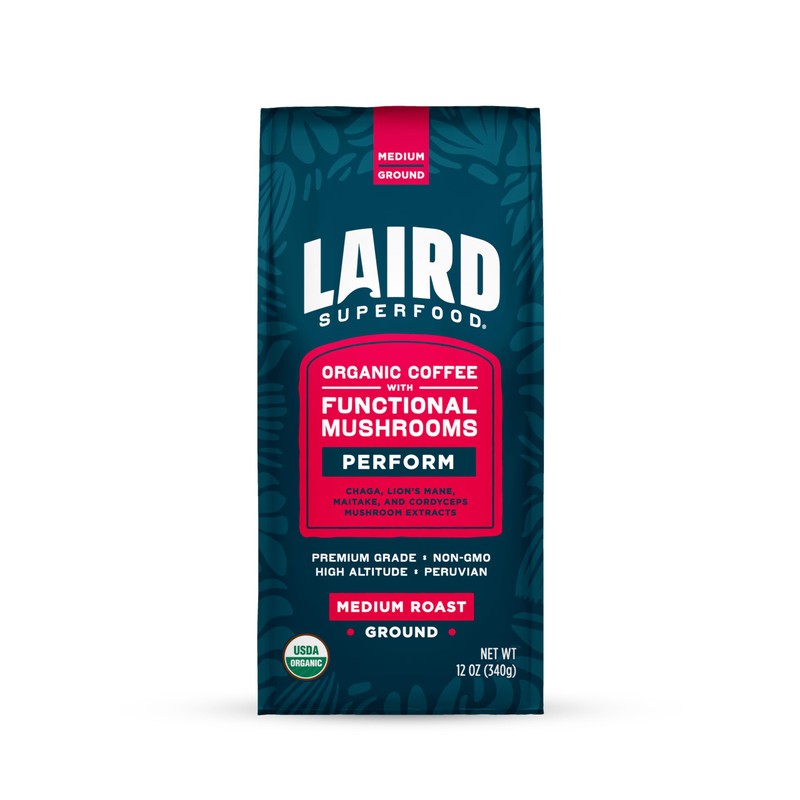 Laird Superfood Peruvian Medium Roast Coffee with Functional Mushrooms, Certified