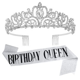 AOPRIE Birthday Crown for Women Birthday Queen Sash Silver Birthday Tiara for Women Princess Crown Rhinestone Happy Birthday Accessories Party Favor