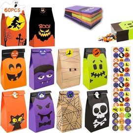 60 PCS Bolsas de Caramelos Regalo para Halloween, Bolsas de Papel de Dulces con Pegatinas de Truco o Golosinas de Aperitivos dulces de Truco o Trato Decoración Fiestas de Halloween
