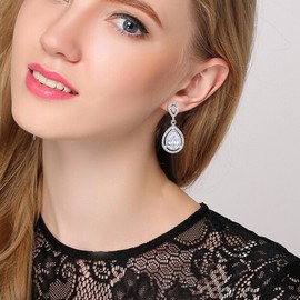 Flyonce Austrian Crystal CZ Wedding Teardrop Pierced Dangle Earrings Clear Silver-Tone