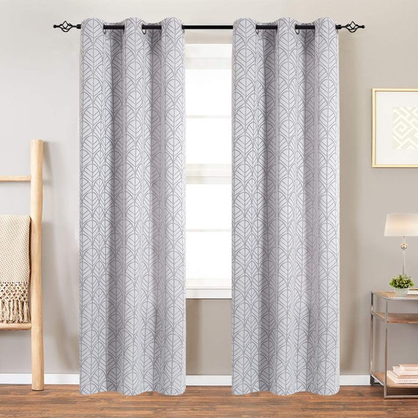 jinchan Light Filtering Curtains for Living Room Bedroom 84 inches Long Jacquard Curtain Farmhouse French Country Opaque Leaf Pattern Curtains Grey Grommet 2 Panels Window Curtains Drapes Set Gray