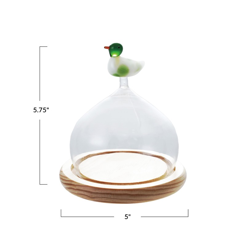 Creative Co-Op Glass Cloche with Wood Base and Duck Topper,