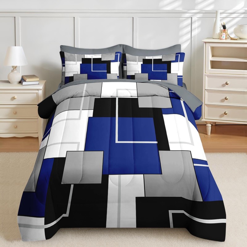 Nesker Comforter Set King Size, Blue Black Geometric 7 Pcs