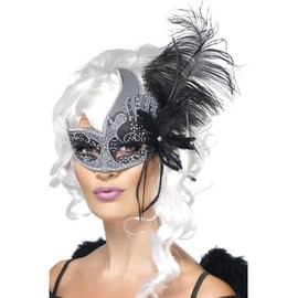 Smiffys Masquerade Dark Angel Eyemask, Silver & Black with Tie Sides & Feathers, Eyemasks Fancy Dress, Adult Dress Up Eye masks