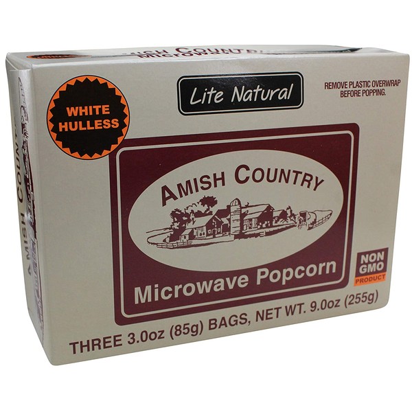 Amish Country Popcorn | Old Fashioned Microwave Popcorn | Old Fashioned, Non GMO, Gluten Free, Microwaveable and Kosher with Recipe Guide (Lite Natural White Hulless, 3 Bags)