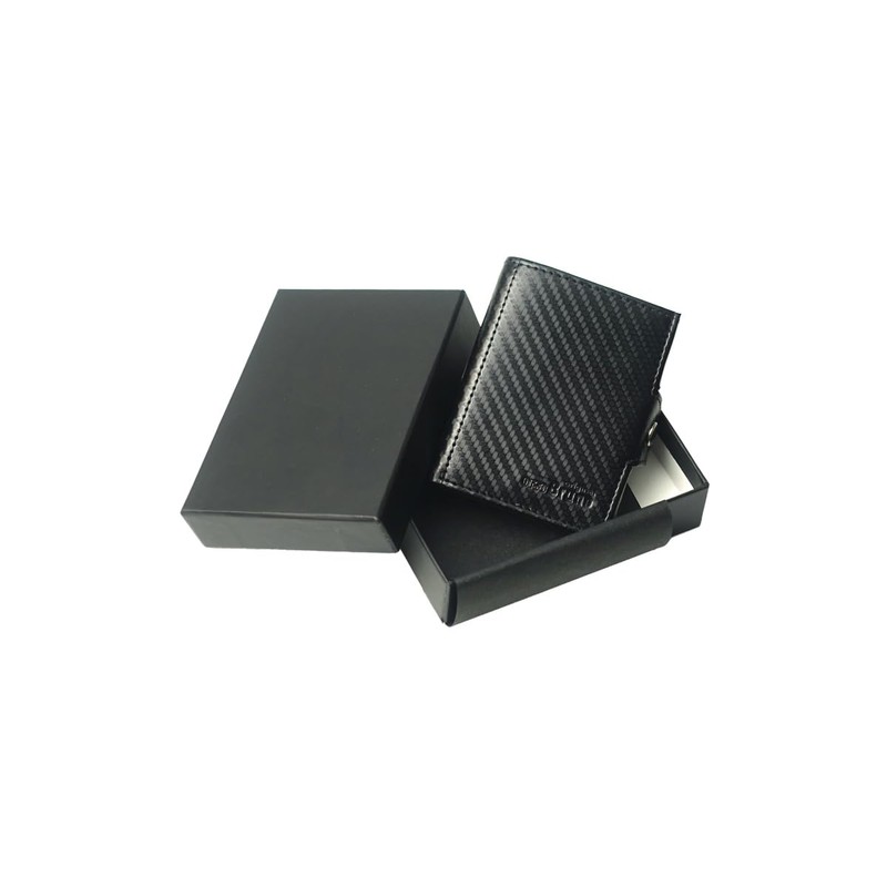 Slim Wallet Deluxe, Carbon leather black with coin compartment small,