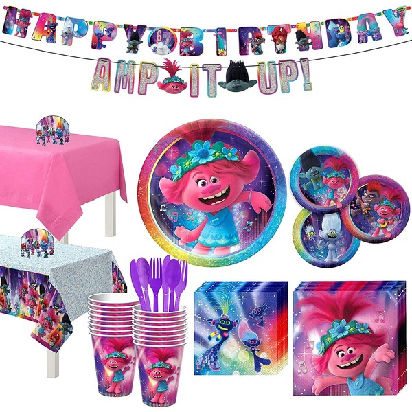 Party City Trolls World Tour Kids Birthday Party Supplies for 16 Guests, Poppy Branch Plates, Napkins, Cups, Decorations