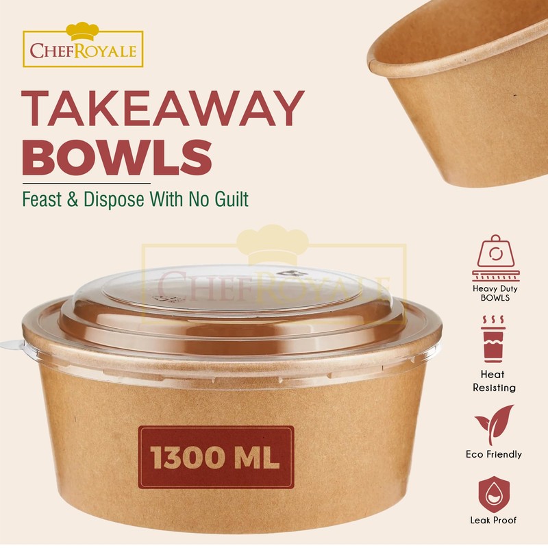 CHEF ROYALE 20x 1300ml Kraft Salad Paper Bowls with Lids