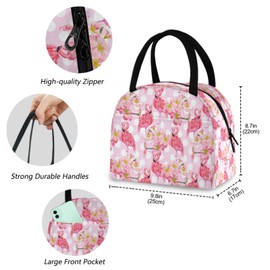 ZzWwR Beautiful Pink Flamingo Floral Dots Pattern Reusable Lunch Tote Bag with Front Pocket Zipper Closure Insulated Thermal Cooler Container Bag for Man Women Work Picnic Travel Beach Fishing