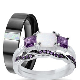 LaRaso & Co His Her Wedding Set 3 Piece Trio Opal Sterling Silver Black Ceramic Wedding Band Set 7/9