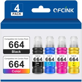 Compatible 664 Ink Bottle Replacement for Epson Compatible 664 T664 Ink Refill Bottles Works with ET-2500, ET-2550, ET-4500, ET-4550, ET-2600, ET-2650, ET-3600, ET-16500 (4 Pack)
