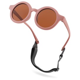 Bouryo Polarized Cute Round Sunglasses Flexible Newborn Baby Sunglasses with Strap for Infant Boys Girls Ages 0-24 Months