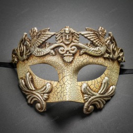 ILOVEMASKS Roman Cracked White Silver & Venetian Mardi Gras White Tall Feather Couple Masks