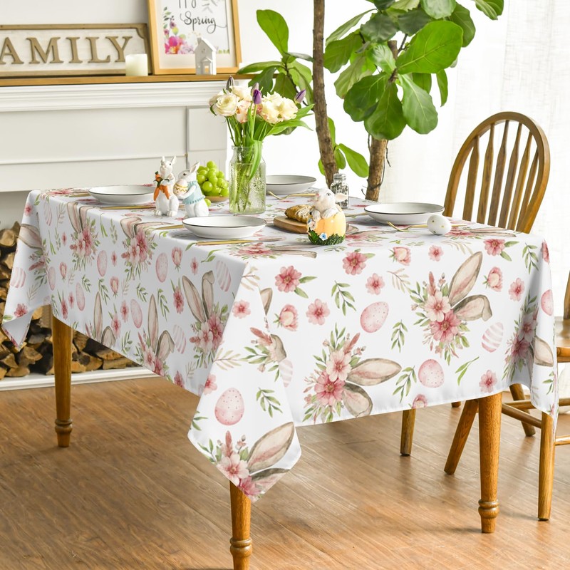 Horaldaily Easter Tablecloth 52×70 Inch Rectangular, Bunny Ear Flowers Spring