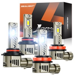 SEALIGHT 9005/HB3 H11/H9/H8 LED Bulbs Combo, 90000LM Bright 6500K Daylight White, 25000RPM Cooling Fan Light Bulbs, Pack of 4