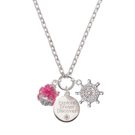 Delight Jewelry Hot Pink Hibiscus Flowers Spinner Explore Dream Discover Zoey Charm Necklace, 28"