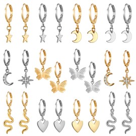 12 Pairs Small Gold Silver Butterfly Hoop Earrings Sets for Women Girls Mini Huggie Hoop Earrings with Dangle Charms