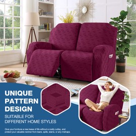 TAOCOCO Recliner Loveseat Cover, Stretch Jacquard Reclining Loveseat Cover Furniture Protector Sofa Slipcovers 2 Seat Recliner Covers with Elastic Bottom for Kids, Pets (Burgundy)