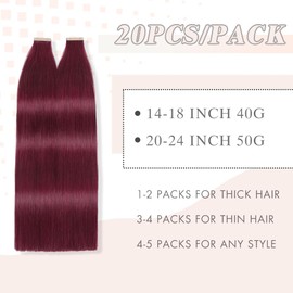 YDDM Tape-In Real Hair Extensions, 20 Pieces, 55 cm, 50 g, Burgundy Red, Invisible Tape Extensions, Real Hair Tape Extensions, Skin Weft Hair Extensions (22 Inches, 99J)