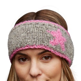 Pachamama Women Wool Ear Warmer Headband Fleece Lined Handknitted Star Design One-Size Handmade Fair Trade (Grey)