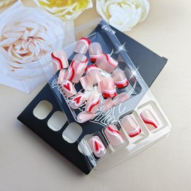 24Pcs Romantic Heart Press on Nails Short Square Nails French Tip Fake Nails with Designs Reusable Valentine's False Nails French Lines Acrylic Nails Full Cover Hearts Stick on Nails for Women