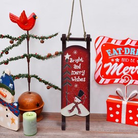 Wood Sled Christmas Hanging Decoration Hand Painted Red Sleigh Xmas Ornament with Snowman Decor Vintage Sled Christmas Wall Decor Sign Merry Christmas Holiday Decor