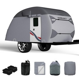 Teardrop Travel Trailer Cover Fits 8'-10' Trailers, 7 Layers Top Heavy Duty Camper Cover Waterproof, Camping Trailer Cover with Windproof Strap, RV Cover for R-Pod Trailers, Clamshell Trailers, Gray