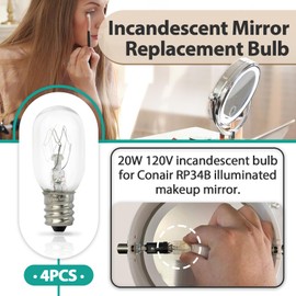 Gfdoso 4Pcs 20W 120V Incandescent Bulb Replacement for Conair RP34B Illuminated Makeup Mirror – E12 Candle Base, 2700K White Light