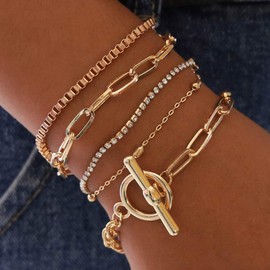 Sakytal Boho Gold Stackable Bracelet Sets Layered Link Bracelets Thin Paperclip Chain Bracelet for Women(5Pcs)