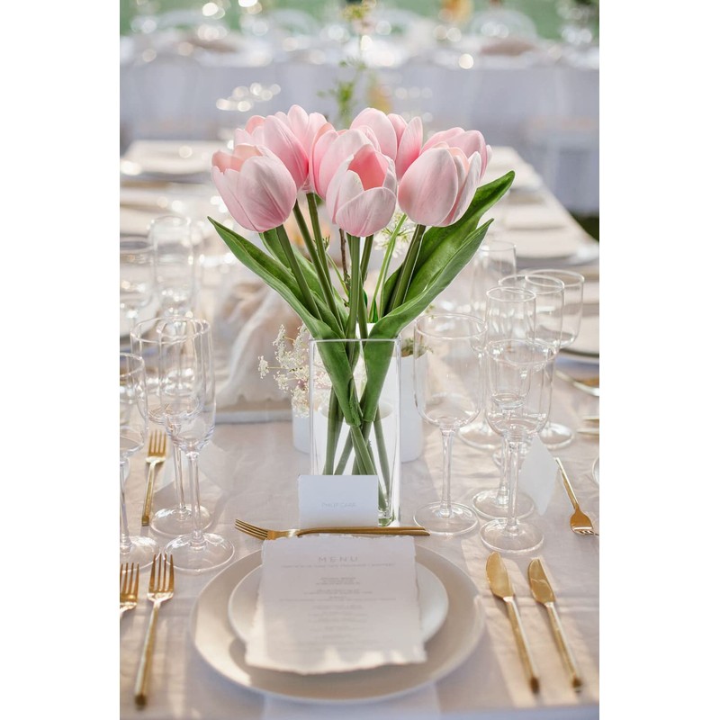 Briful Fake Flowers Artificial Tulip Flower Pink in Clear Vase,