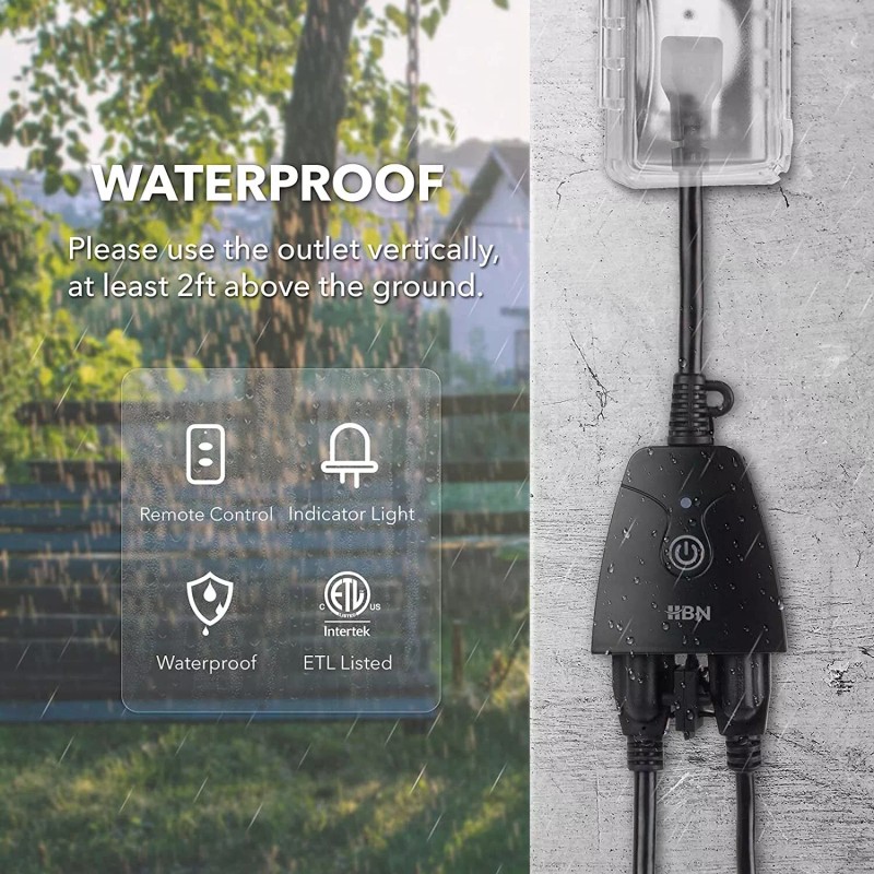 HBN Outdoor Indoor Wireless Remote Control Dual 3-Prong Outlet