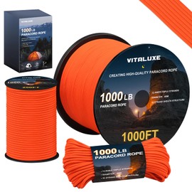 VITALUXE 1000lb Paracord Rope, 4mm 12 Triple Strands Paracord, Heavy Duty Tactical Parachute Cord for Survival Gear, Camping, Hiking, and Ideal for Bracelets, Lanyards, Type III, 250FT, Orange