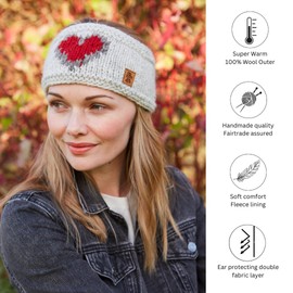 Pachamama Women Wool Ear Warmer Headband Fleece Lined Handknitted Red Heart Pattern Oatmeal One-Size Handmade Fair Trade