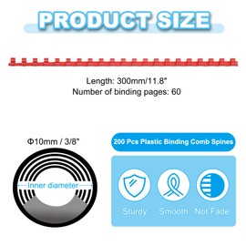 PATIKIL 10mm (3/8") Plastic Binding Combs, 200 Pcs 21 Rings Comb Binding Spines 60 Sheet Capacity Letter Size for Binding Paper Sheets Notebook Calendar Picture Album, Red