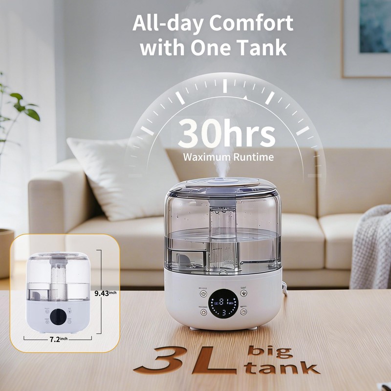 3L Top Fill Cool Mist Ultrasonic Humidifier for Bedroom, 30H