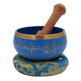 DharmaObjects ~ Tibetan OM MANI Singing Bowl Set ~ With Mallet, Brocade Cushion & Carry Bag ~ For Meditation, Chakra Healing, Prayer, Yoga (Turquoise)
