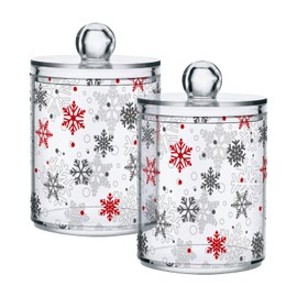 GEDAKO Qtip Holder with Lid Set, 10oz Clear Glass Canister Apothecary Jars Bathroom Organizers Storage Accessories Vanity Containers Christmas Red and Grey Snowflakes