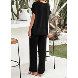 KIRUNDO Summer Sets Women 2 Piece Outfits Casual Ribbed Knit Short Sleeve Tops Wide Leg Pants Lounge Set Travel Tracksuit(Black, XX-Large)