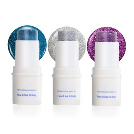 Glitter Face Stick, 3 Colours Body Glitter Cream, Chunky Sequin Festival Glitter Pen, Mermaid Waterproof Fine Glitter for Face/Body/Hair/Eyes/Lips, Blue + Silver + Purple