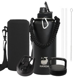 Vacuum Insulated Water Bottle with Straw, Paracord Handle & 3 Lids, Carrying Pouch BPA Free Double Wall Stainless Steel Wide Mouth Water Jug, Leakproof Keep & Cold Hot Sports Flask (32oz Black)