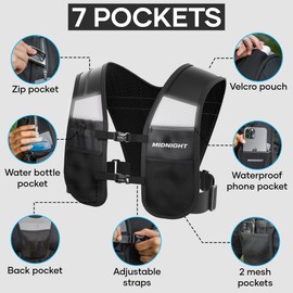 MIDNIGHT Water Resistant Running Vest - Reflective Vest for Running, 7 Pockets for Extra Storage, Lightweight Phone Holder for Men & Women